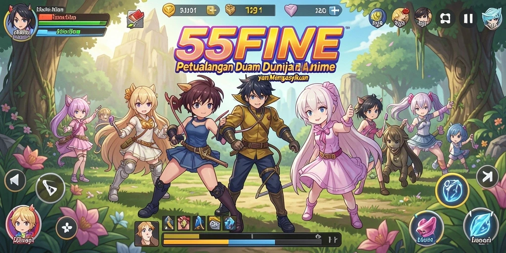 Screenshot gameplay <strong>55FIVE</strong> dengan karakter anime yang dinamis.
