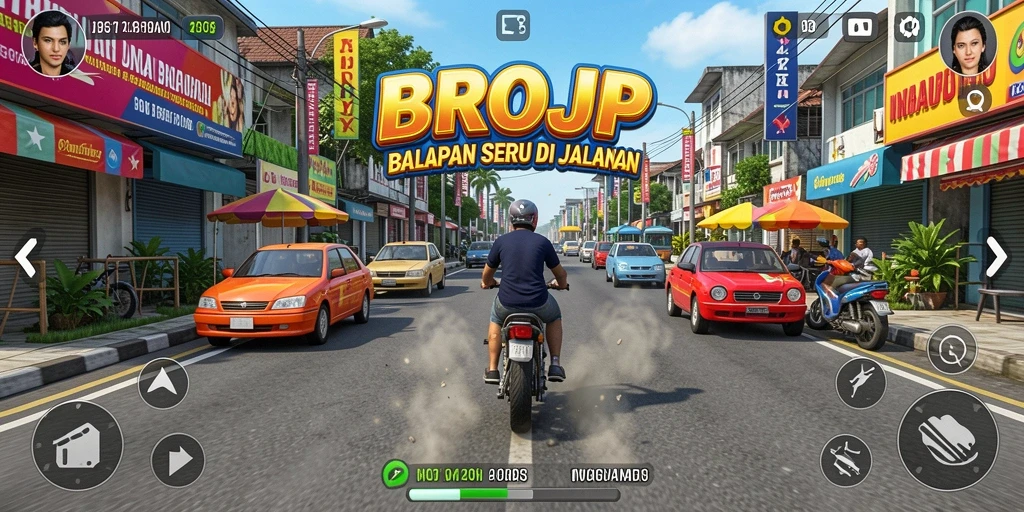Gameplay BROJP dengan mobil cepat di trek menantang.