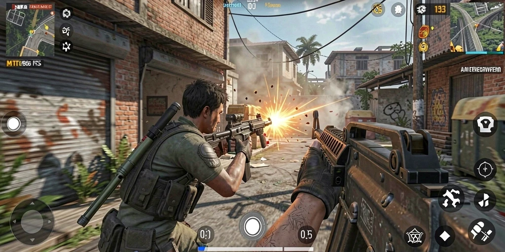 Screenshot gameplay menunjukkan aksi epic dalam MT966 FPS.
