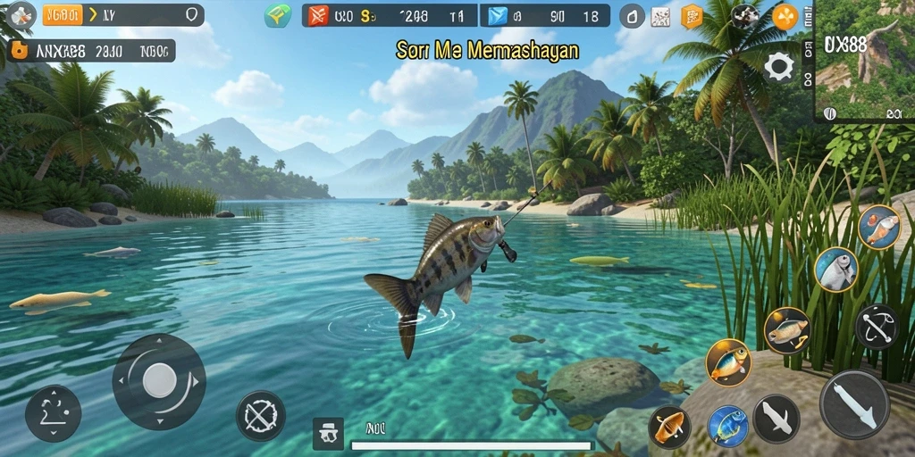 Gameplay NX888 yang menampilkan aksi memancing yang seru dan berbagai jenis ikan.