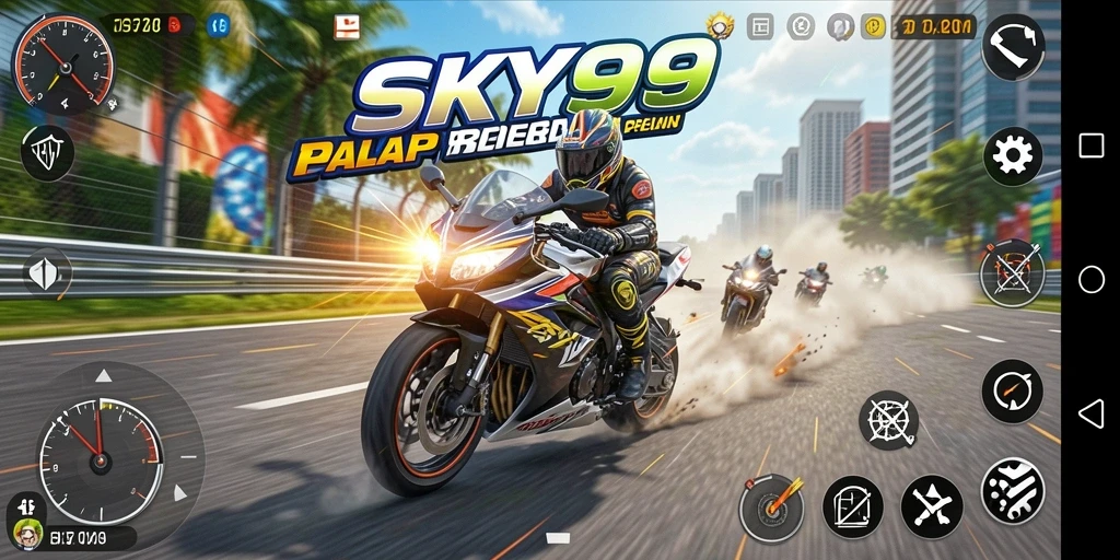 Tampilan gameplay dari SKY99 dengan aksi balap motor yang seru.